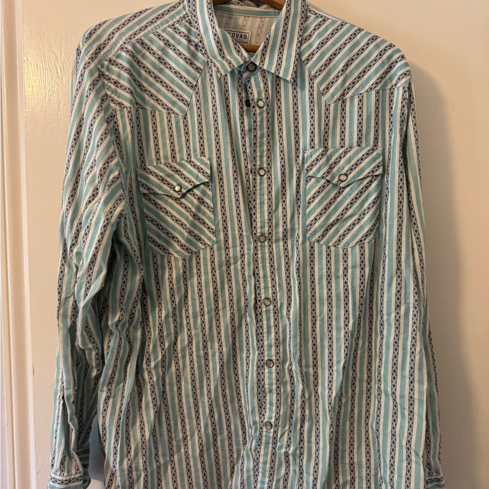 Tecovas Men's Striped Green and White Shirt